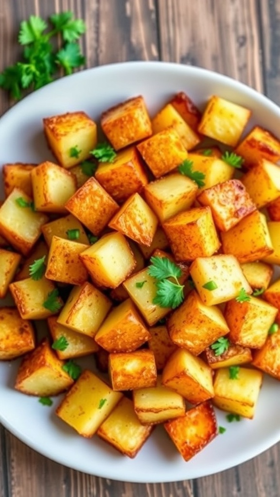 Crispy Air Fryer Potatoes Recipe Crispy air fryer potatoes garnished with parsley on a rustic wooden table.